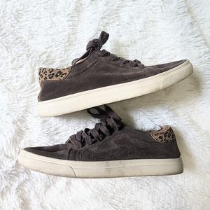 Lucky brand loucia grey and cheetah print soft suede leather lace up sneakers